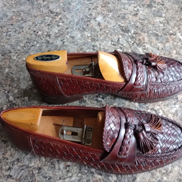 JOHNSTON MURPHY Dress Shoes Brown Woven Leather Italian Tassel Loafers Size 9M JOHNSTON MURPHY Dress Shoes Brown Woven Leather Italian  main image 2